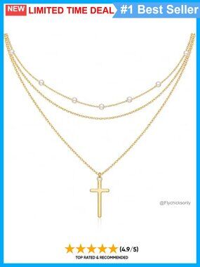 14K Gold Cross Necklace Multi Strand Layered Pearl Pendant Chain Women